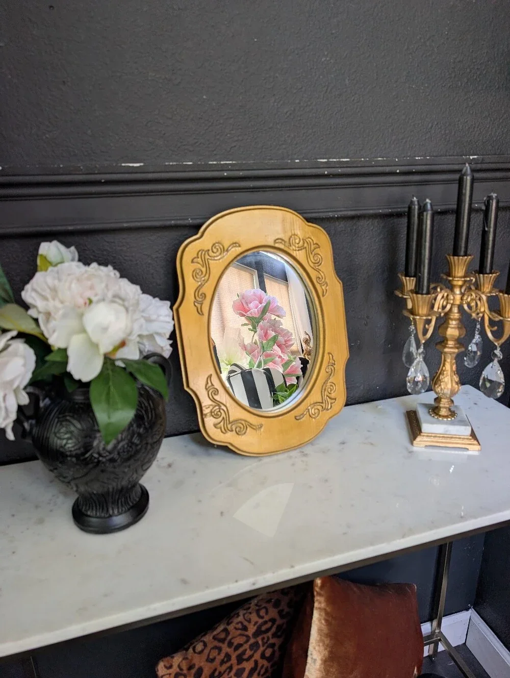 Vintage Gold Leaf Wood Scroll Detail Wall Table Mirror 15